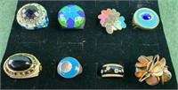 Colorful fashion rings, onyx, hearts, blue green