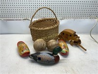 WOODEN BASKET  BALLS SHOES DUCK  AND STAGE COACH