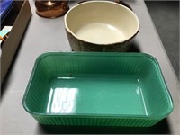 Crock bowl and green refrigerator dish