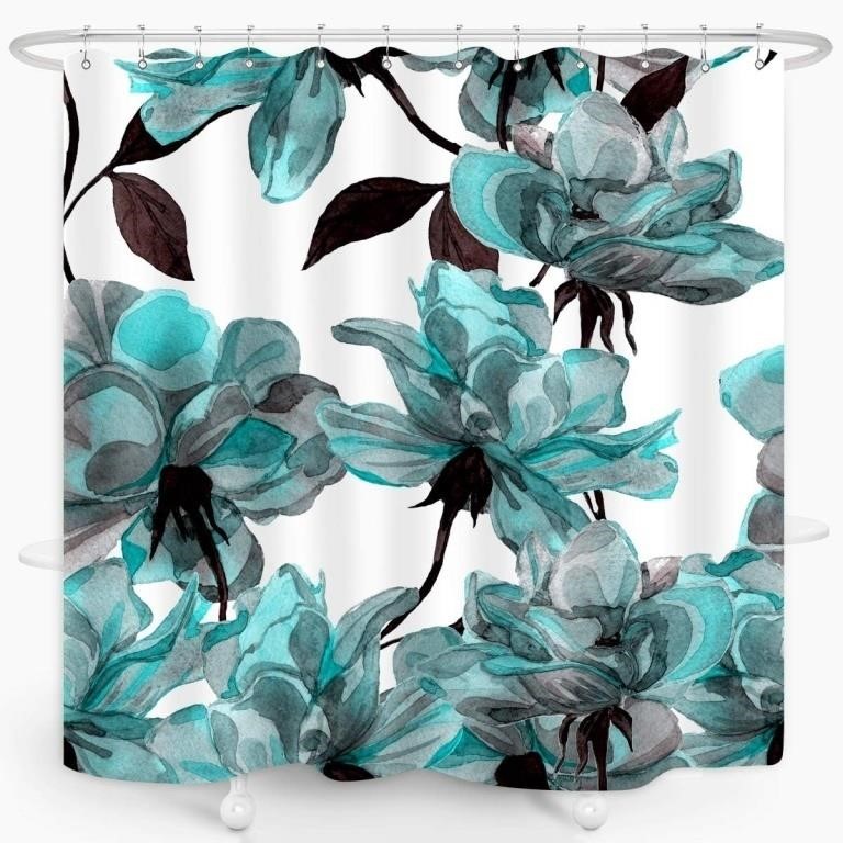 (N) ZXMBF Floral Shower Curtain Turquoise Flowers