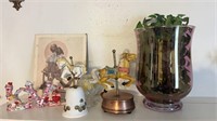 Carousel horses one with copper base, pink vase,