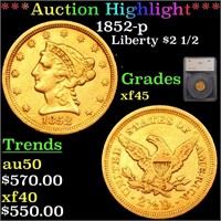 *Highlight* 1852-p Liberty $2 1/2 Graded xf45