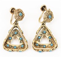 PAIR GOLD TRIANGULAR EARRINGS with TURQUOISE