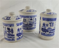 Set of three blue willow canisters
