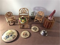 Misc pictures, small wicker pieces, call bell