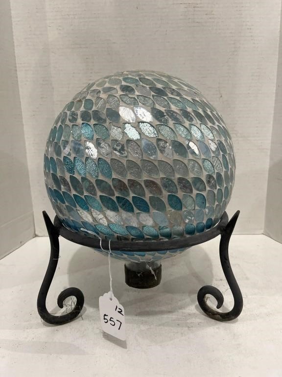 Blue Blown Glass Gazing Ball and Stand