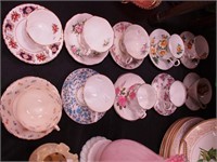 10 decorative china cups and saucers, English and
