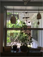 2 plants, 2 bells, hummingbird feeder