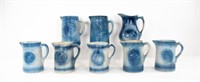 8 Blue & White Salt-Glazed Stoneware Pitchers