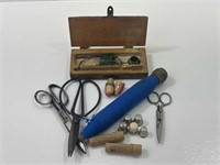 Wood Spool, Needles, Thimble, Scissors