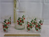 Strawberry Pitcher & Glasses with Gold Trim