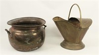 Brass Coal Scuttle & Large Hammered Pot w/ Handles