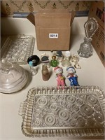 perfume jar, antique porcelain dolls misc.