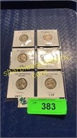 Six old Jefferson Nickels