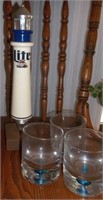Miller Lite Beer Tapper & Art Glass Tumblers