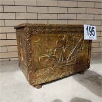 SHIP DESIGN BRASS RELIEF KINDLING BOX WITH