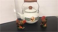 Rooster Teapot and (2) Rooster figurines