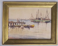 Fishing Sailboat Harbour, Watercolour, Signed