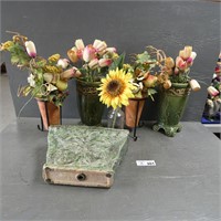 Green Pottery Vases w/ Artifical Flowers