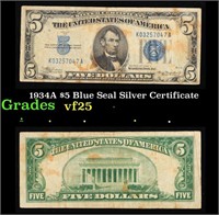 1934A $5 Blue Seal Silver Certificate Grades vf+