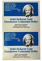 2 14k Gold Eisenhower Centennial Dollar Coins