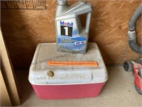 1/2 full 5W-30 oil and Rubbermaid cooler