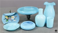 Opaque Blue Glass Compote, Vases+ / 7pc