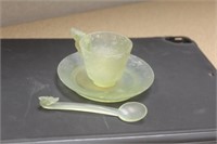 Serpentine Chinese Jade Cup, Saucer Dragon Spoon