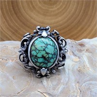 OLD STERLING SILVER &TURQUOISE RING SZ 4.75.
