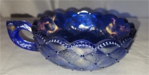L E Smith blue carnival glass dish