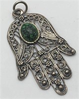 Sterling Silver Green Stone Hand Pendant