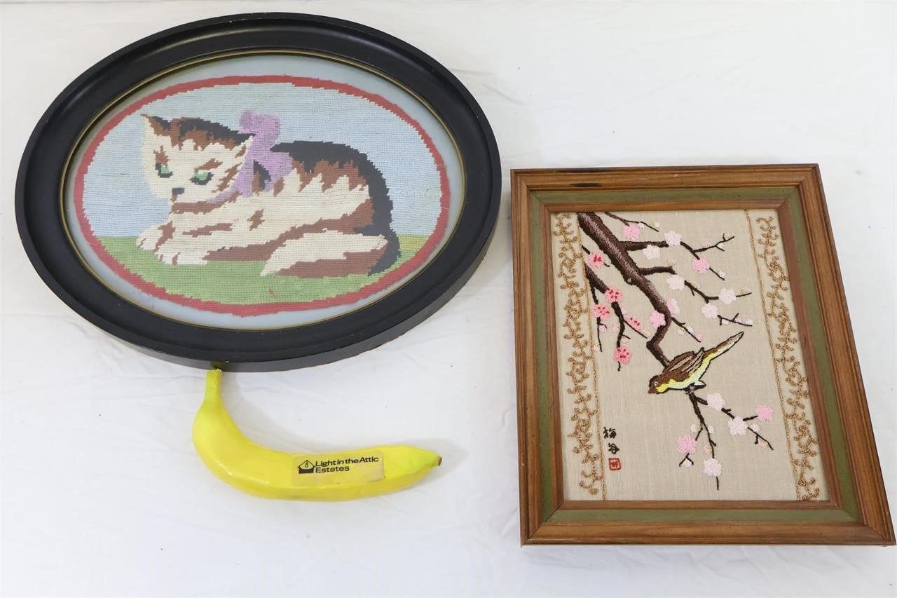 Pair Cat & Asian Songbird Needle Point Artwork