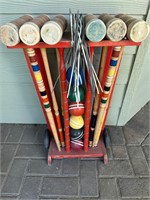 Vtg. Croquet Set on Wheeled Cart