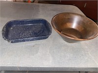 Wooden bowl and enamel pan