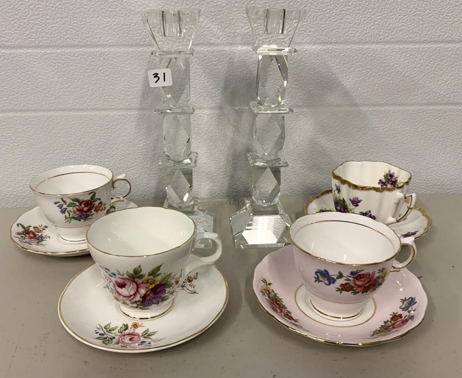 4 Cups & Saucers & Pair Glass Candle Holders