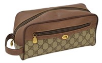 GUCCI BEIGE MONOGRAM COATED CAVAS & LEATHER POUCH