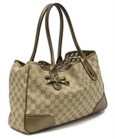 GUCCI "PRINCY" GG CANVAS & GOLD LEATHER TOTE BAG