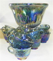 Indiana Carnival Glass Punch Bowl Cups Iridescent