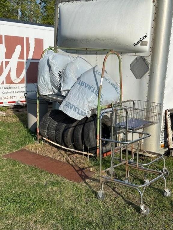 Tire Rack with misc tires + 2 carts