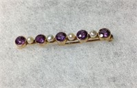 1920's -14kt Gold Amethyst & Seed Pearl Bar Pin