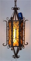 Large Wrought Iron & Glass Hanging Light & Chain