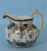 Vintage hand Painted Pitcher ? Purple Flowers & Le