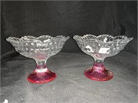 2 PINK & CLEAR GERMAN GLASS BOWLS - 4 X 5 “