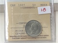 1937 (iccs Ms64) Canadian 5 Cent