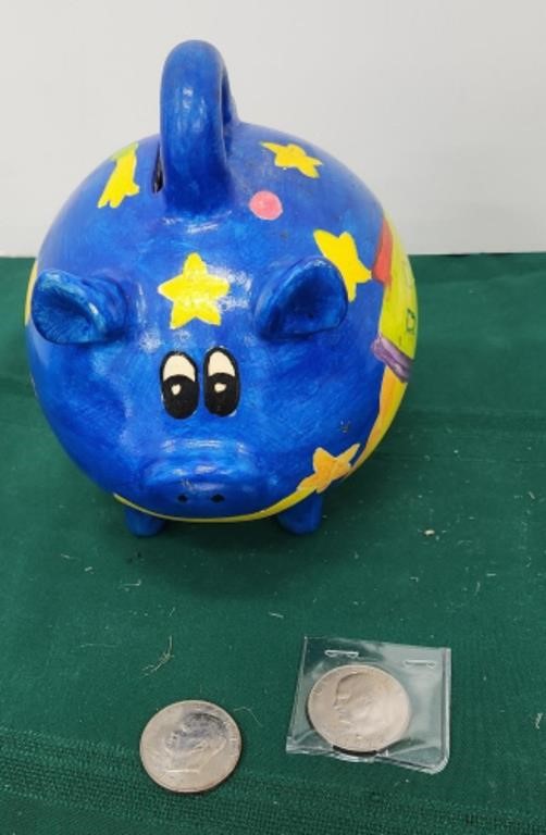 Piggy Bank With 4 Eisenhower Dollars -2 Out & 2 In