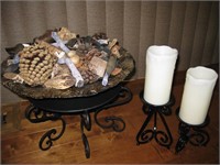 Black Metal Candle Holders & Centerpiece Bowl