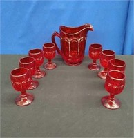 Cranberry Glass Pitcher and 8 Goblets