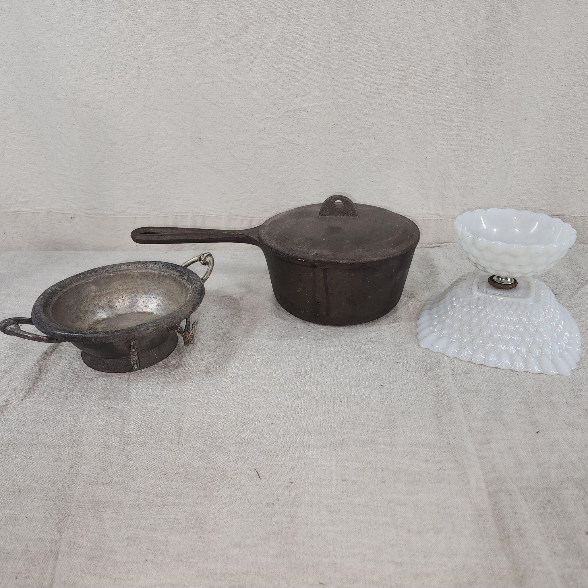 Antique butter dish, cast iron & lamp base