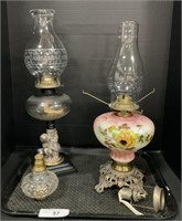 Pair of Early Oil Lamps, Hand Painted, Glass.