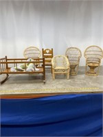 Doll furniture crib and assortment of chairs